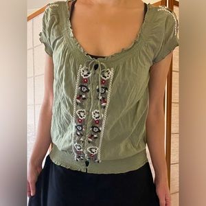 Angie sage green embroidered boho short sleeve smocked peasant top